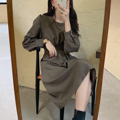 Autumn Korean O-Neck Long Sleeves Dark Solid Midi Dress - Image 2