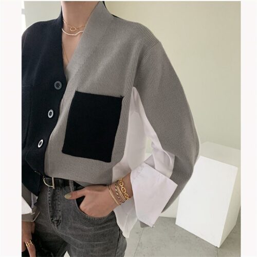 Spring / Autumn Korean V-Neck Long Sleeves Patchwork Hit Color Blouse - Image 4