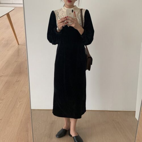 Autumn / Winter Korean O-Neck Long Sleeves Lace Patchwork Midi Dress - Image 3