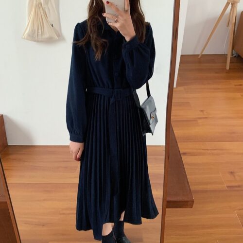 Turn-Down Collar Long Sleeves Pleated Solid Midi Dress