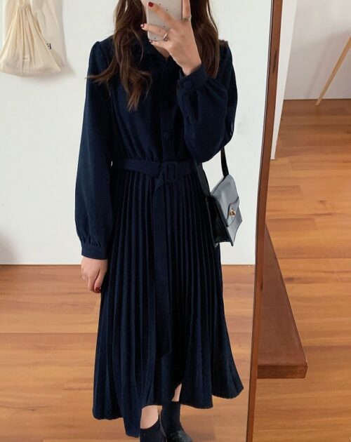 Turn-Down Collar Long Sleeves Pleated Solid Midi Dress