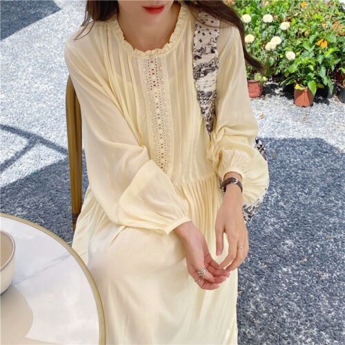 Autumn O-Neck Lantern Sleeves Loose Lace Solid Dress - Image 5