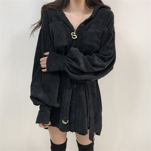 Autumn / Winter Turn-Down Collar Long Sleeves Corduroy Solid Mini Dress - Image 2