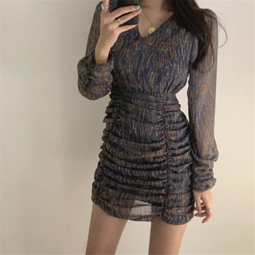 Autumn V-Neck Long Sleeves Chiffon Pleated Floral Print Mini Dress - Image 5