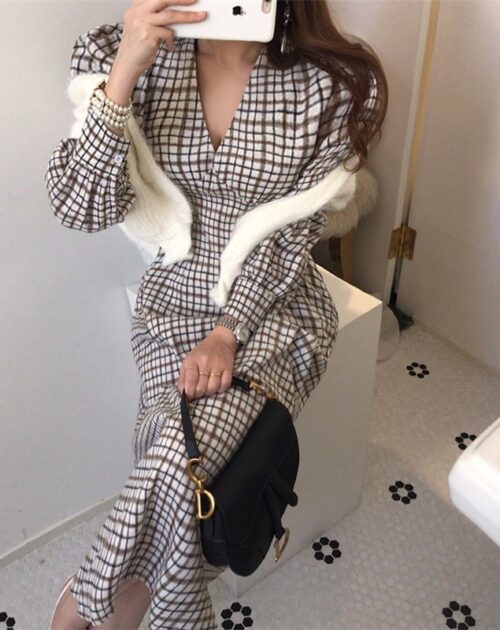 Autumn V-Neck Puff Sleeves Slim Plaid Midi Dress