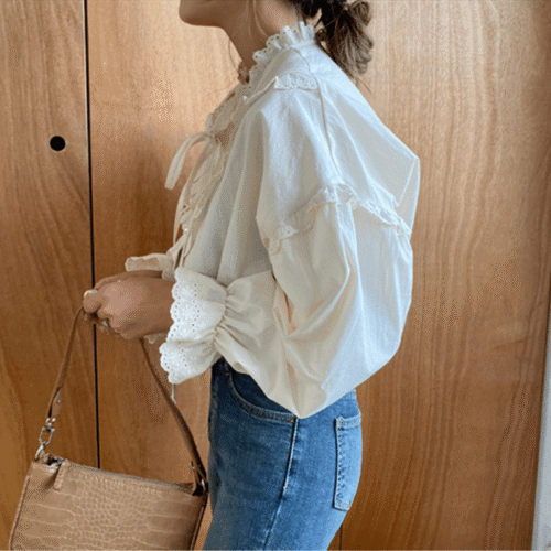 Spring / Autumn Korean V-Neck Long Sleeves Hollow Out Lace-Up Blouse - Image 4
