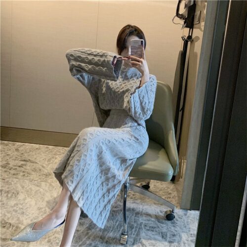 Autumn / Winter O-Neck Loose Grey Jumper and Knitted Maxi Skirt - Image 2