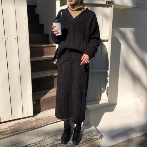 Autumn / Winter V-Neck Loose Jumper and Elastic Solid Midi Skirt - Image 2