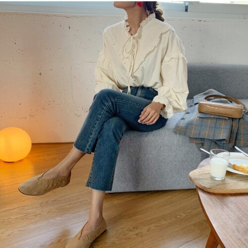 Spring / Autumn Korean V-Neck Long Sleeves Hollow Out Lace-Up Blouse - Image 3
