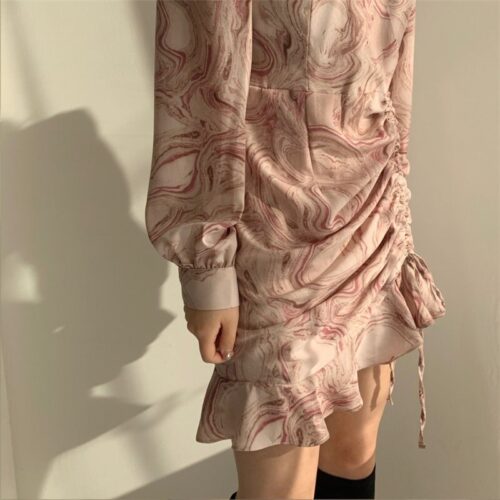 Autumn V-Neck Long Sleeves Chiffon Drawstrings Abstract Print Mini Dress - Image 4