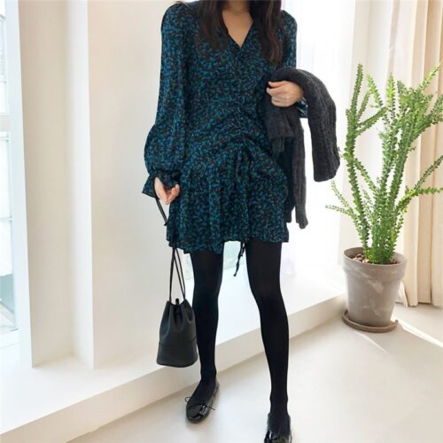 V-Neck Flare Sleeves Drawstrings Floral Print Mini Dress