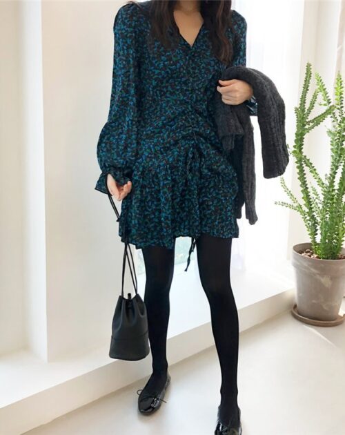 V-Neck Flare Sleeves Drawstrings Floral Print Mini Dress