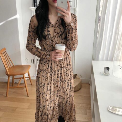 Autumn Korean V-Neck Long Sleeves Chiffon Floral Print Midi Dress - Image 2