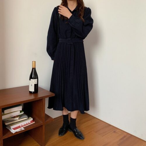 Autumn Turn-Down Collar Long Sleeves Pleated Solid Midi Dress - Image 7