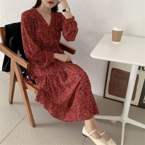 Autumn V-Neck Lantern Sleeves Waist-Controlled Floral Print Midi Dress - Image 4