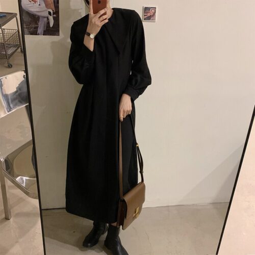 Autumn Big Lapel Collar Long Lantern Sleeves Solid Loose Midi Dress - Image 6