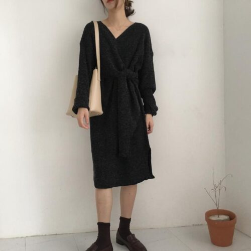 Winter Korean V-Neck Long Sleeves Knitted Dress - Image 7