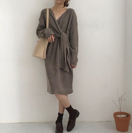 Winter Korean V-Neck Long Sleeves Knitted Dress - Image 6