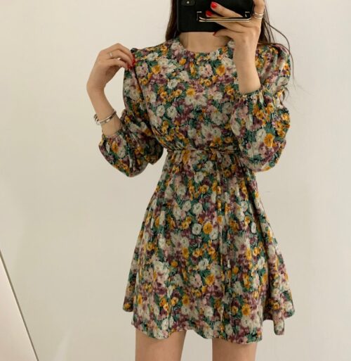 Spring Korean O-Neck Long Sleeves Floral Print Lace-Up Slim Mini Dress - Image 5