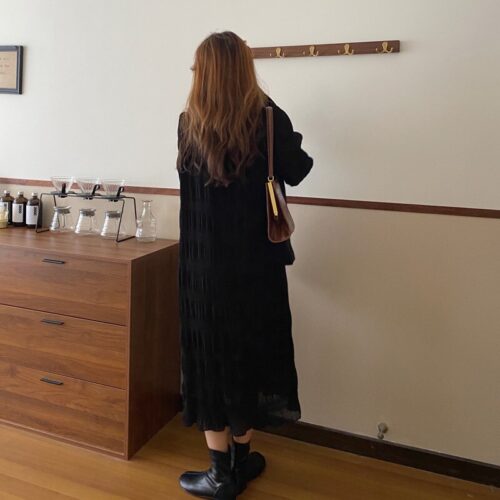 Autumn Korean O-Neck Flare Long Sleeves Chiffon Pleated Midi Dress - Image 2