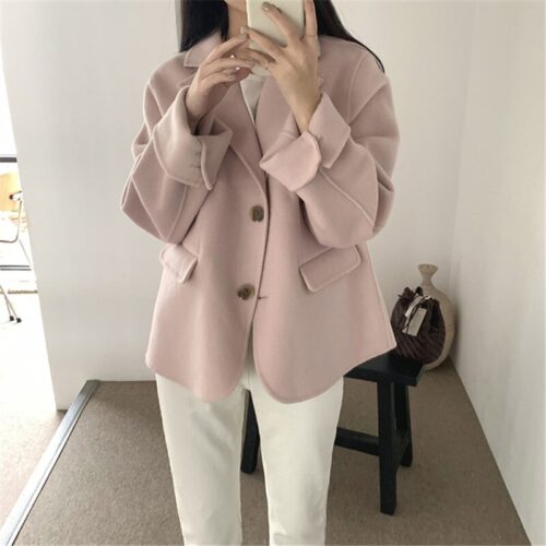 Winter Korean Notched Collar Solid Woolen Short Coat - Image 3