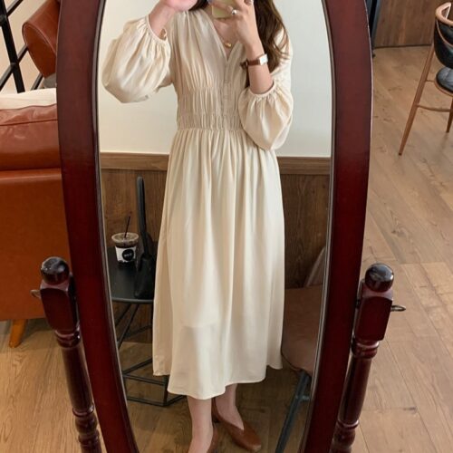 V-neck Long Sleeves Pleated Waist-Controlled Solid Loose Dress
