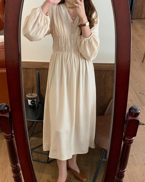 V-neck Long Sleeves Pleated Waist-Controlled Solid Loose Dress