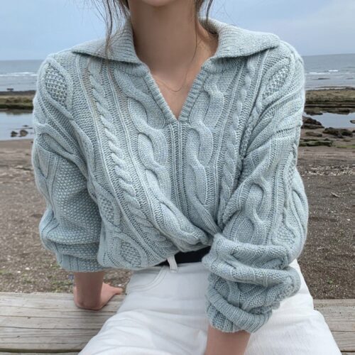 Winter Turn-down Collar Solid Twist Sweater - Image 2