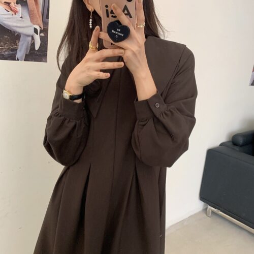Autumn Big Lapel Collar Long Lantern Sleeves Solid Loose Midi Dress - Image 7