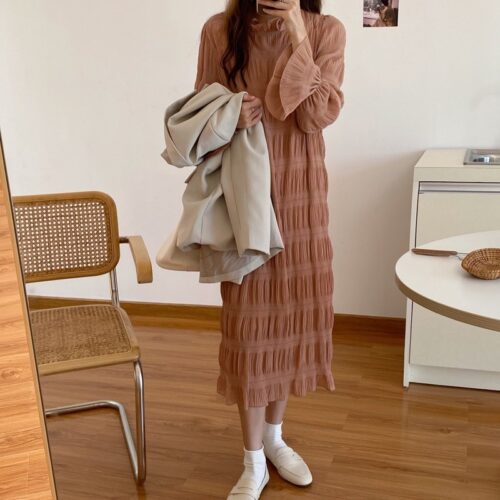 O-Neck Flare Long Sleeves Chiffon Pleated Midi Dress