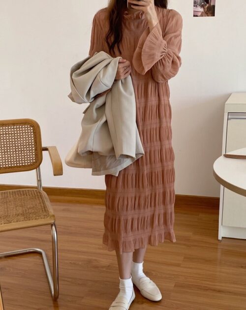 O-Neck Flare Long Sleeves Chiffon Pleated Midi Dress