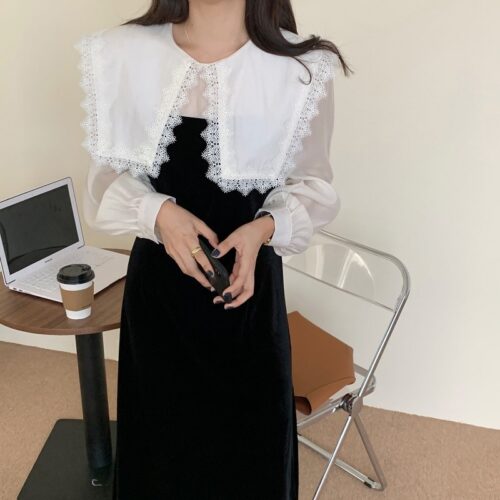 Autumn / Winter Puritan Lace Collar Long Sleeves Velvet Patchwork Midi Dress - Image 2
