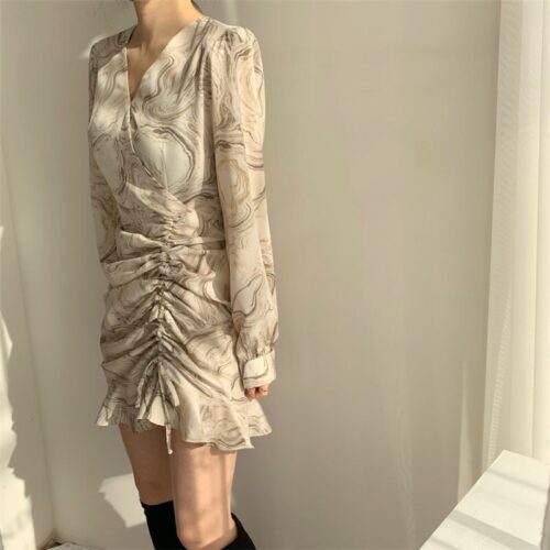 Autumn V-Neck Long Sleeves Chiffon Drawstrings Abstract Print Mini Dress - Image 3