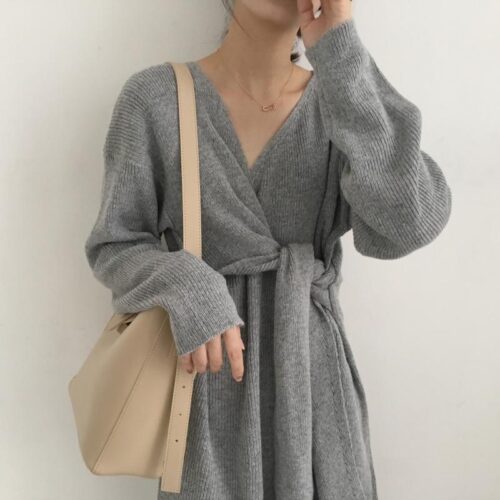 Korean V-Neck Long Sleeves Knitted Dress