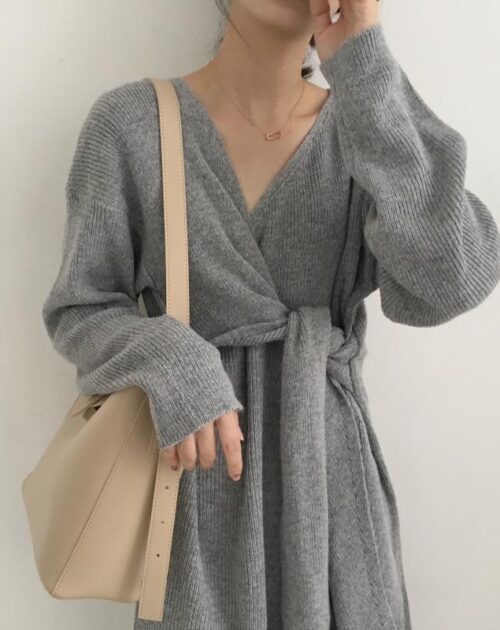 Korean V-Neck Long Sleeves Knitted Dress