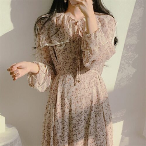 Puritan Collar Long Sleeves Chiffon Floral Print Lace-Up Slim Midi Dress