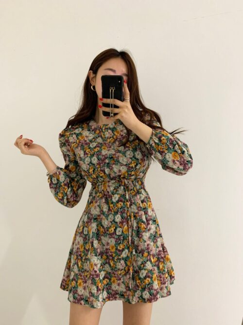 Spring Korean O-Neck Long Sleeves Floral Print Lace-Up Slim Mini Dress - Image 7