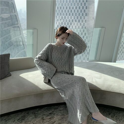 Autumn / Winter O-Neck Loose Grey Jumper and Knitted Maxi Skirt - Image 5