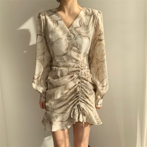 Long Sleeves Chiffon Drawstrings Abstract Print Mini Dress
