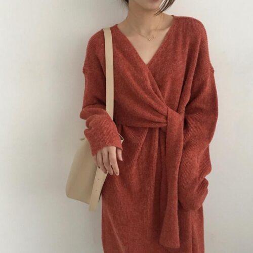 Winter Korean V-Neck Long Sleeves Knitted Dress - Image 3