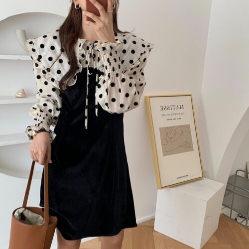 Autumn / Winter Pilgrim Collar Long Sleeves Velvet Stitching Dress - Image 7