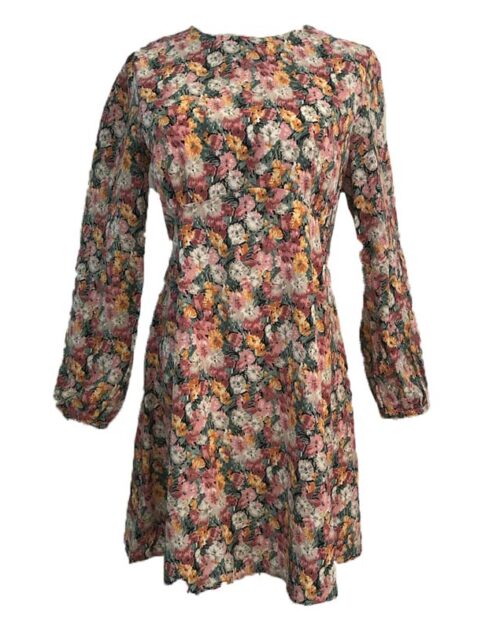 O-Neck Long Sleeves Floral Print Lace-Up Slim Mini Dress
