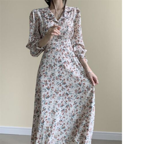 Autumn Notched Collar Long Sleeves Waist-Controlled Floral Print Midi Dress - Image 6