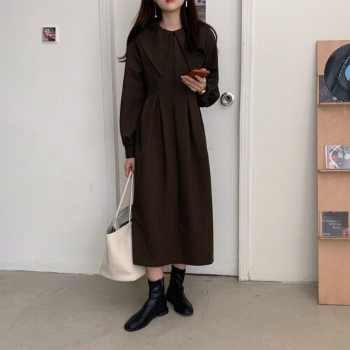 Autumn Big Lapel Collar Long Lantern Sleeves Solid Loose Midi Dress - Image 3