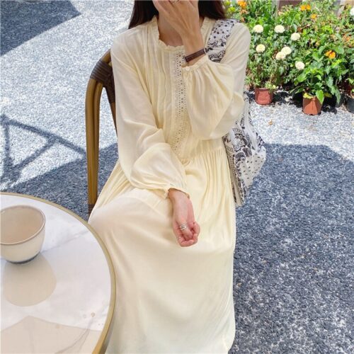 Autumn O-Neck Lantern Sleeves Loose Lace Solid Dress - Image 4