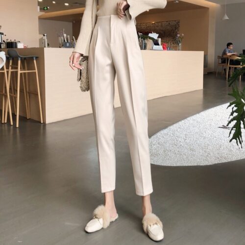 High Waist Thick Broadcloth Solid Pants