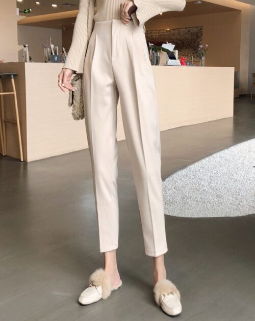 High Waist Thick Broadcloth Solid Pants