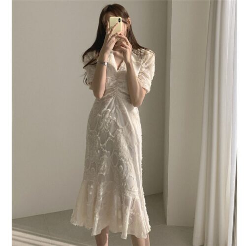 V-Neck Short Sleeves Waist-Controlled Creased Midi Dress
