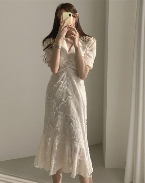 V-Neck Short Sleeves Waist-Controlled Creased Midi Dress