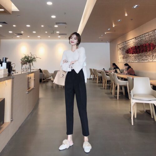 Autumn / Winter High Waist Thick Broadcloth Solid Pants - Image 5